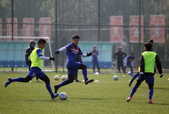 Vietnamese players are training in China. They will play Australia in the second round match of Group D at the Asian U23 Championship.(Photo: ​VFF)