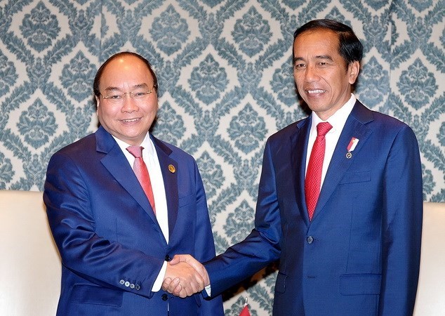 Prime Minister Nguyen Xuan Phuc (L) meets Indonesian President Joko Widodo in New Delhi, India, on the sidelines of the ASEAN-India Commemorative Summit marking the 25th Anniversary of ASEAN-India Dialogue Relations (Photo: VNA)