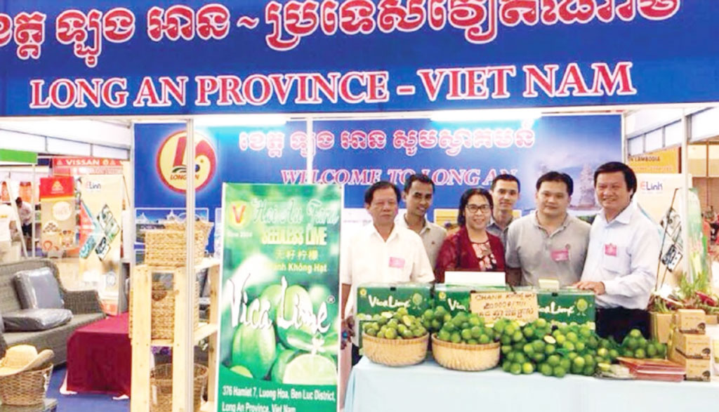 Stalls of businesses from Long An province attract lot of Cambodian visitors and customers at a fair in Phnom Penh, Cambodia 