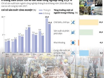 Chỉ số sản xuất công nghiệp trong 8 tháng tăng 11,2 %