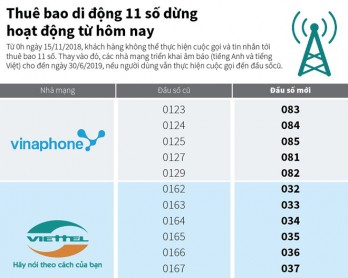 [Infographics] Thuê bao di động 11 số dừng hoạt động từ hôm nay