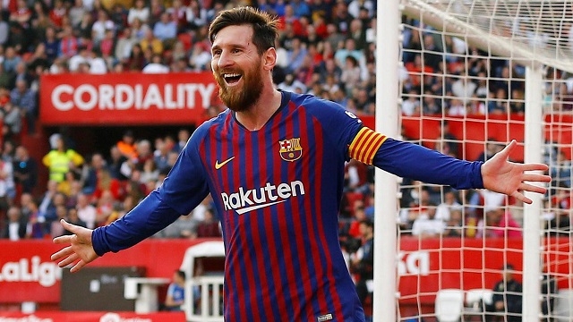 Barcelona's Lionel Messi celebrates scoring their third goal to complete his hat-trick - La Liga Santander - Sevilla v FC Barcelona - Ramon Sanchez Pizjuan, Seville, Spain - February 23, 2019. (Photo: Reuters)