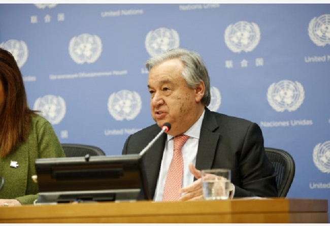 United Nations Secretary-General Antonio Guterres speaks at the news conference for the launch of an annual report of the World Meteorological Organization (WMO), at the UN headquarters in New York, on March 28, 2019. (Photo: Xinhua)