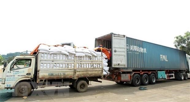 Goods are transferred between trucks at the Kim Thanh International Border Gate in Lao Cai city, the northern province of Lao Cai (Photo: VNA)