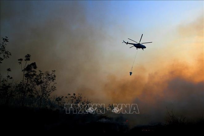 A helicopter drops water on a fire in Ogan Ilir, South Sumatra, Indonesia in 2016. (Photo: AFP/VNA)