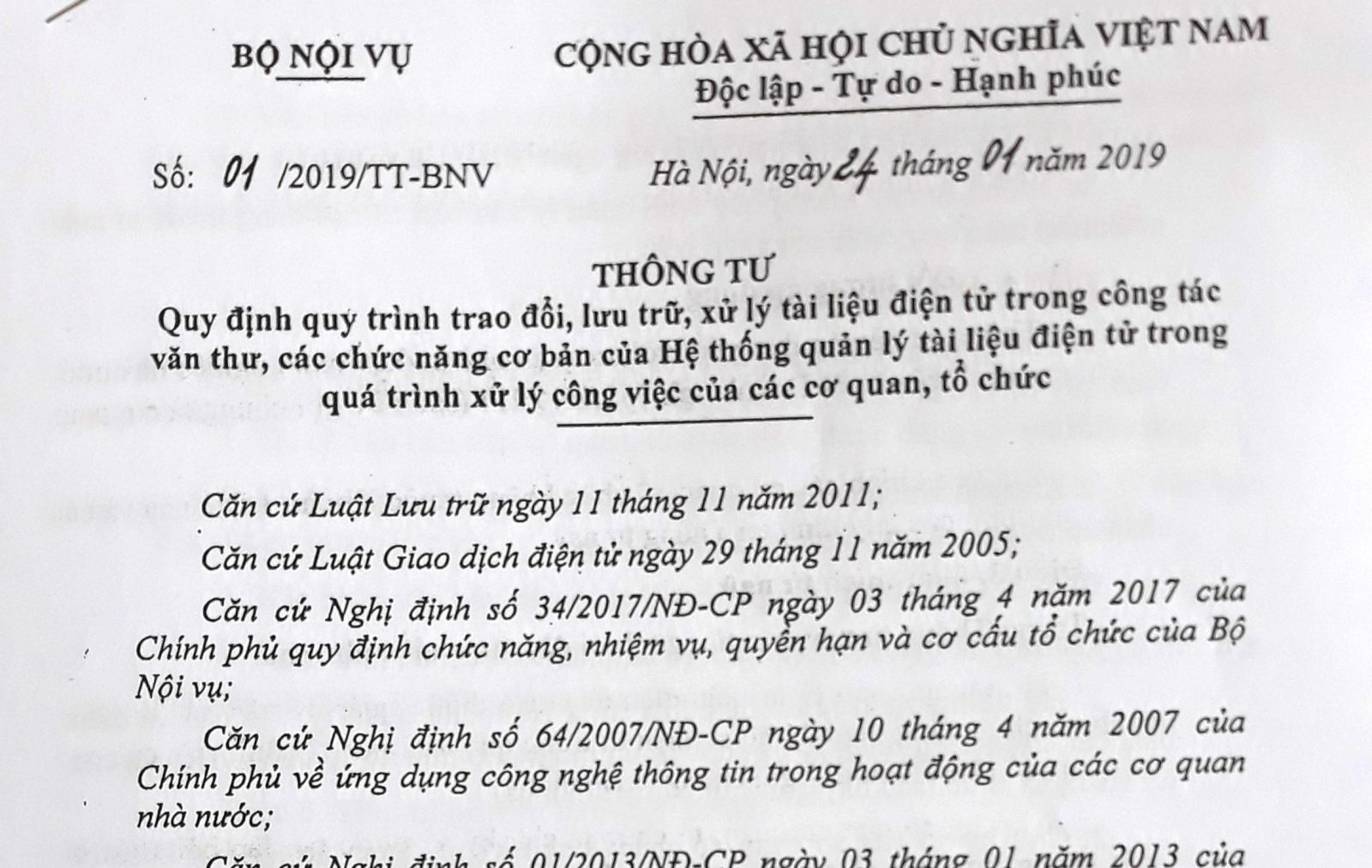 Circular No. 01/2019/TT-BNV of the Ministry of Home Affairs has 6 chapters and 22 articles