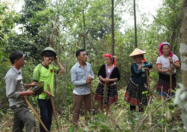 An official of Sin Suoi Ho village (third from left) is teaching local people how to prevent forest fires in the northern province of Lai Chau. (Photo: VNA)