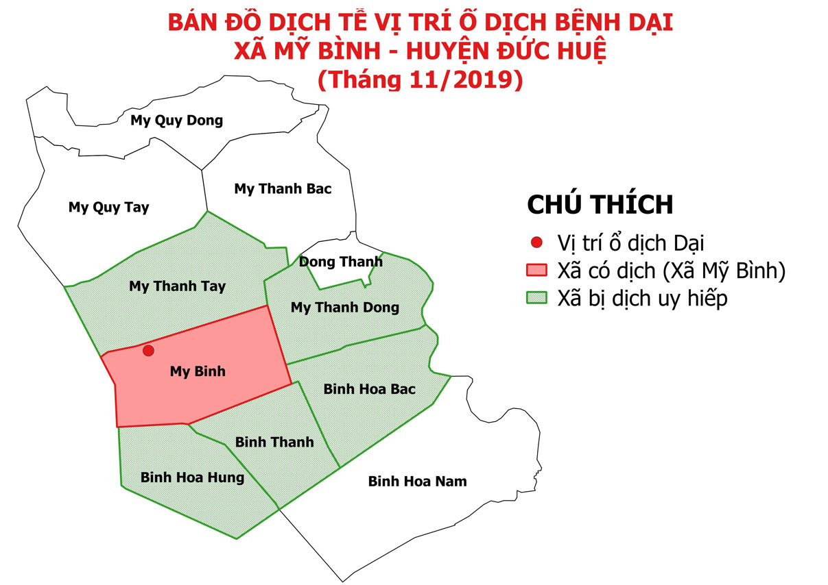 Vị trí dịch dại xảy ra tại xã Mỹ Bình, huyện Đức Huệ