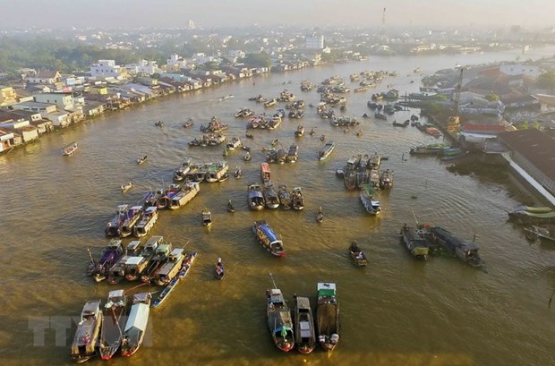 An aerial view of the Cai Rang floating market in Can Tho city (Photo: VNA)