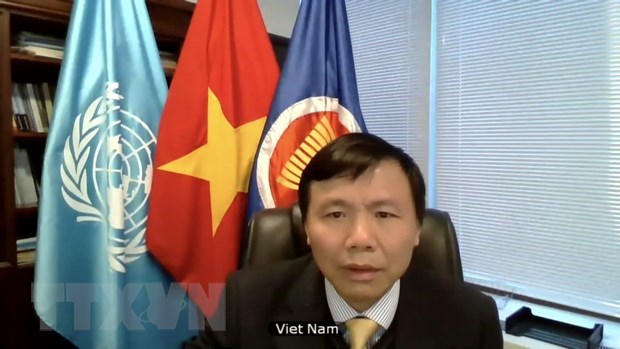 Ambassador Dang Dinh Quy joins the UNSC's meeting via video teleconference. (Photo: VNA)