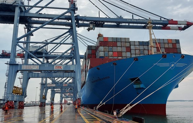 Container ship Margrethe Maersk docks at Cap Mep International Terminal in southern Ba Ria-Vung Tau province (Photo: VNA)