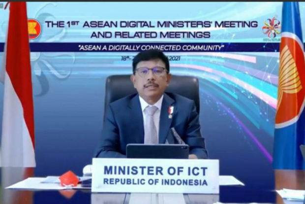 Indonesian Minister of Communication and Informatics Johnny G. Plate at the virtual 1st ASEAN Digital Minister's Meeting (ADGMIN) (kominfo.go.id)