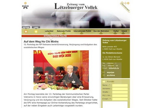 Germany-based daily newspaper Lëtzebuerger Vollek published a story entitled “On the way of Ho Chi Minh” by Gerhard Feldbauer on the 13th National Party Congress. (Screen photo: VNA)