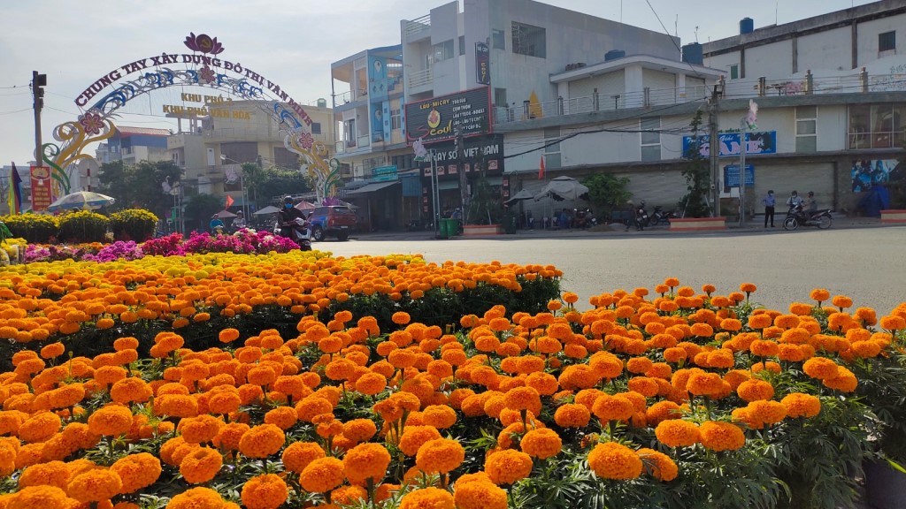 Ben Luc town grows hectic during the forthcoming New Year's days (Photo: the roundabout in front of Central Culture house of Ben Luc district)