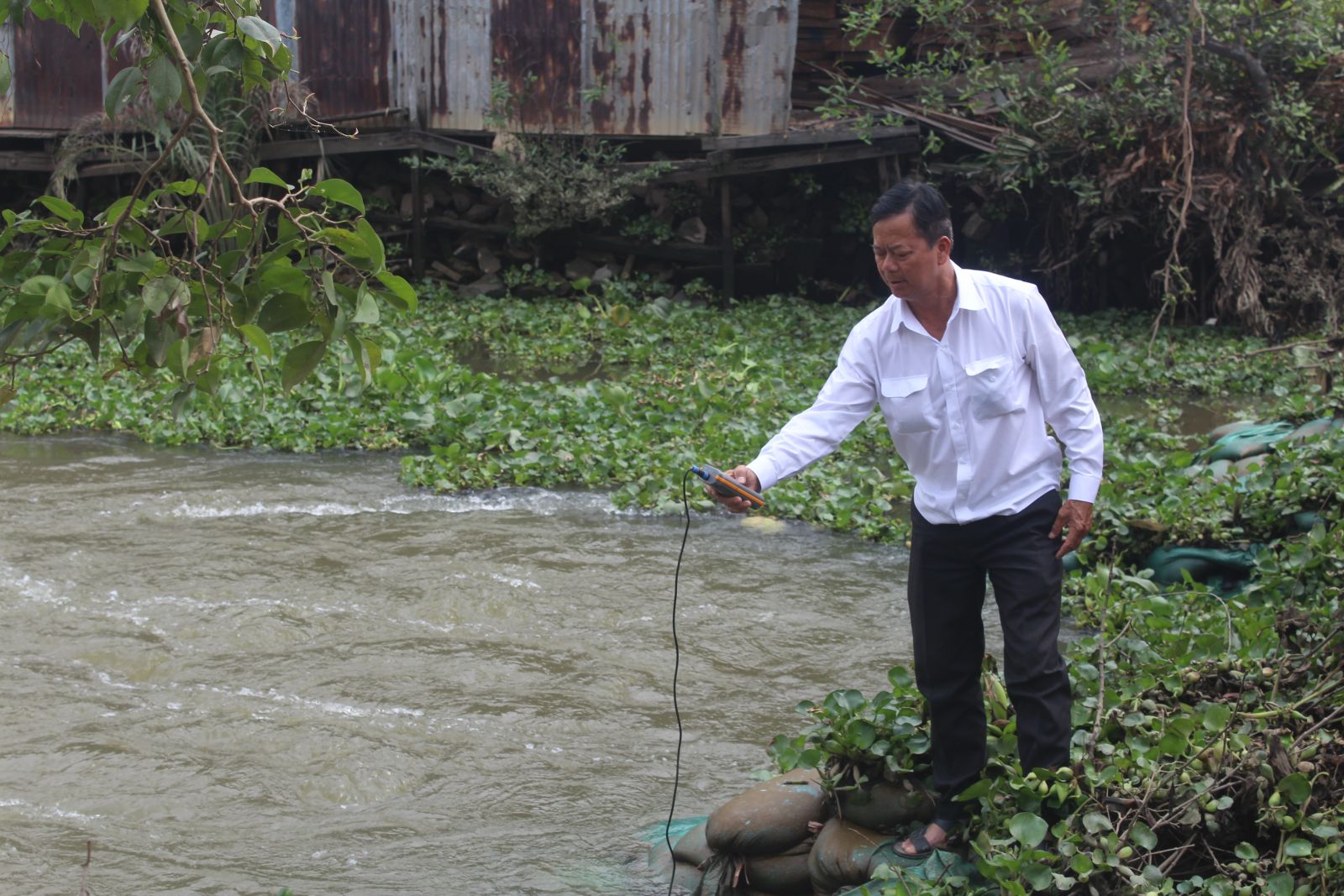 Deputy Director of the Provincial Department of Agriculture and Rural Development - Nguyen Chi Thien measures sewers' salinity