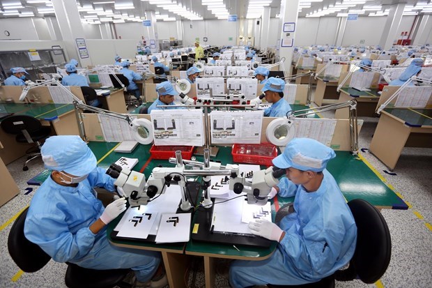 Workers examine electronic components at the factory of the Young Poong Electronics VINA Co. Ltd in Binh Xuyen II Industrial Park, Vinh Phuc province (Photo: VNA)