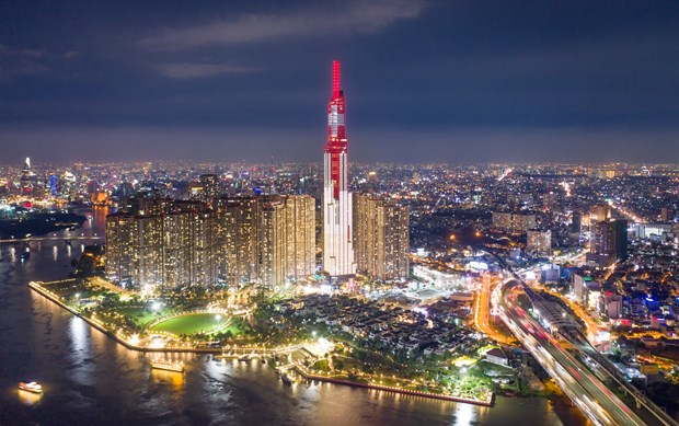 The Landmark81 in Ho Chi Minh City – Vietnam’s tallest building – will be lit up with the colors of both Vietnam and Switzerland at 7.30 p.m.-8.30 p.m. on August 1, 2021. Photo courtesy of Swiss Embassy in Vietnam