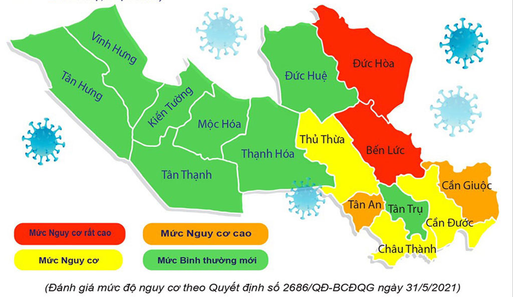 Epidemic prevention and control measures are applied according to Directive No. 15/CT-TTg dated March 27, 2020 of the PM in Kien Tuong town and districts of Tan Hung, Vinh Hung, Moc Hoa, Tan Thanh, Thanh Hoa, Duc Hue and Tan Tru from 00:00 on September 7, 2021 until further notice