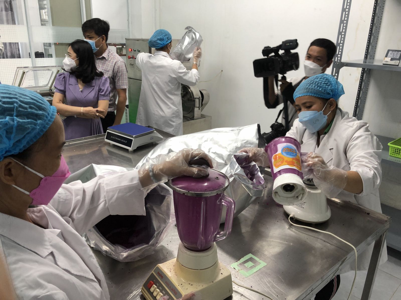 Workers perform stages in the production of fine powdered dragon fruit