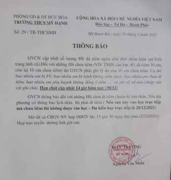 Yêu cầu hiệu trưởng thu hồi thông báo “học sinh chưa tiêm vắc-xin ngừa Covid-19 thì không được đến trường học trực tiếp”