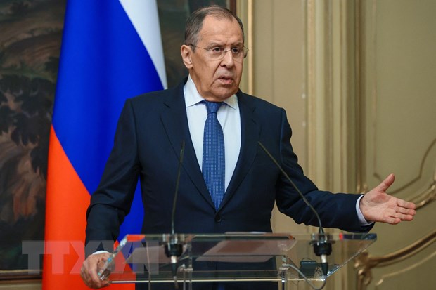 Ngoại trưởng Nga Sergei Lavrov trong cuộc họp báo ở Moskva, ngày 10/2/2022. (Ảnh: AFP/TTXVN)