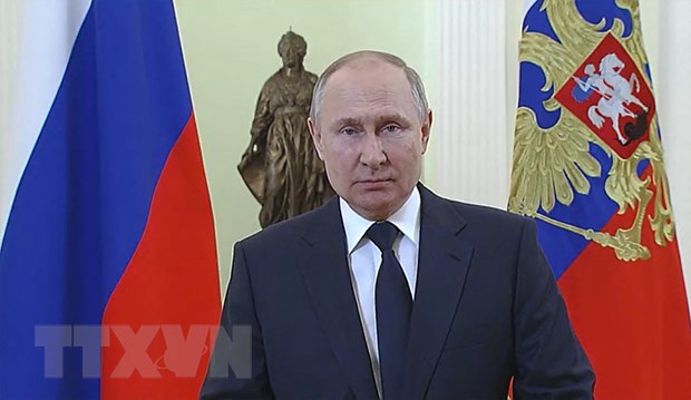 Tổng thống Nga Vladimir Putin phát biểu tại Moskva ngày 8/3/2022. (Ảnh: AFP/TTXVN)