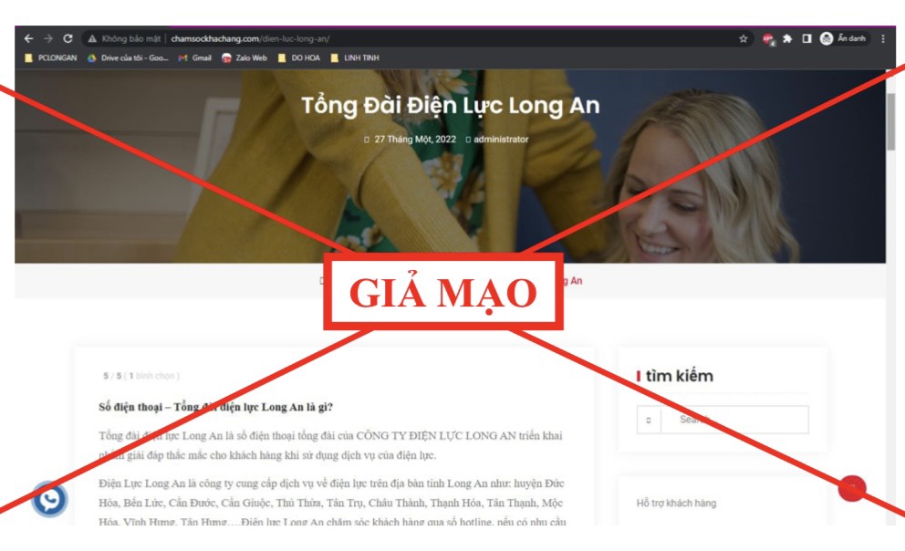 Hình ảnh giả mạo website Công ty Điện lực Long An