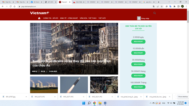 Báo điện tử VietnamPlus là đơn vị tiên phong thực hiện thu phí người dùng. (Ảnh chụp màn hình)
