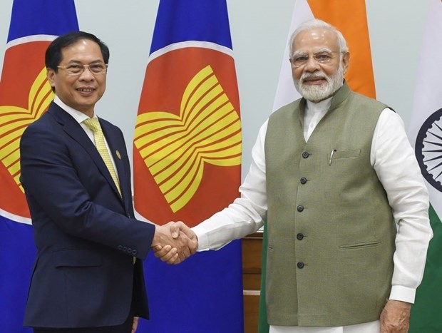 Bộ trưởng Ngoại giao Bùi Thanh Sơn đến chào xã giao Thủ tướng Ấn Độ Narendra Modi. (Ảnh: TTXVN phát)