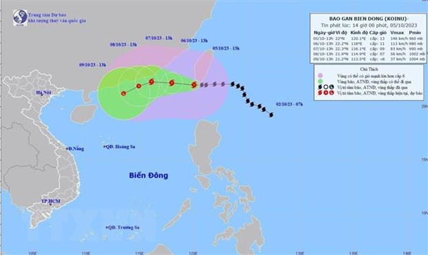 Hướng đi của bão chiều 5/10. (Ảnh: TTXVN phát)