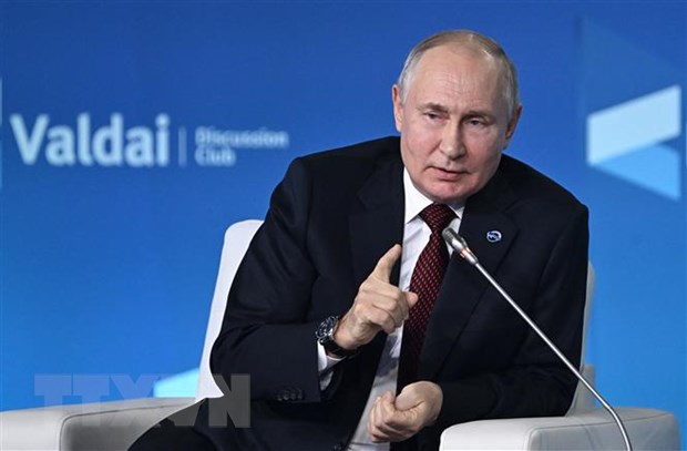 Tổng thống Nga Vladimir Putin phát biểu tại Hội nghị Thường niên Câu lạc bộ Thảo luận Quốc tế Valdai ở Sochi, Nga. (Ảnh: AFP/TTXVN)