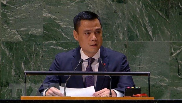 Đại sứ Đặng Hoàng Giang, Trưởng Phái đoàn thường trực Việt Nam tại Liên hợp quốc phát biểu tại phiên họp. (Ảnh: TTXVN phát)