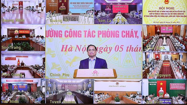 Hội nghị trực tuyến toàn quốc đánh giá kết quả công tác phòng cháy, chữa cháy. (Ảnh: Dương Giang/TTXVN)