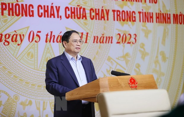 Thủ tướng Phạm Minh Chính chủ trì Hội nghị đánh giá kết quả công tác phòng cháy, chữa cháy trong tình hình mới. (Ảnh: Dương Giang/TTXVN)