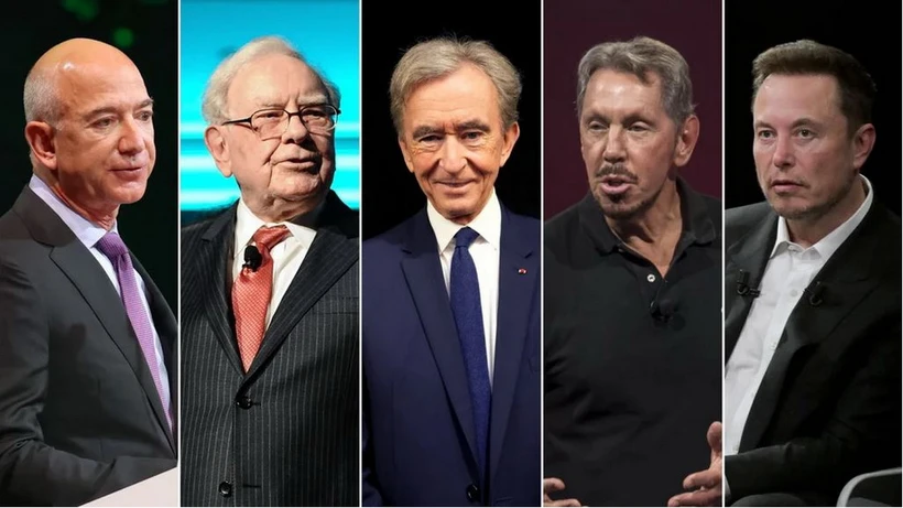 Jeff Bezos, Warren Buffett, Bernard Arnault, Larry Ellison và Elon Musk đã trở nên giàu có hơn rất nhiều trong những năm gần đây. (Nguồn: Getty Images)