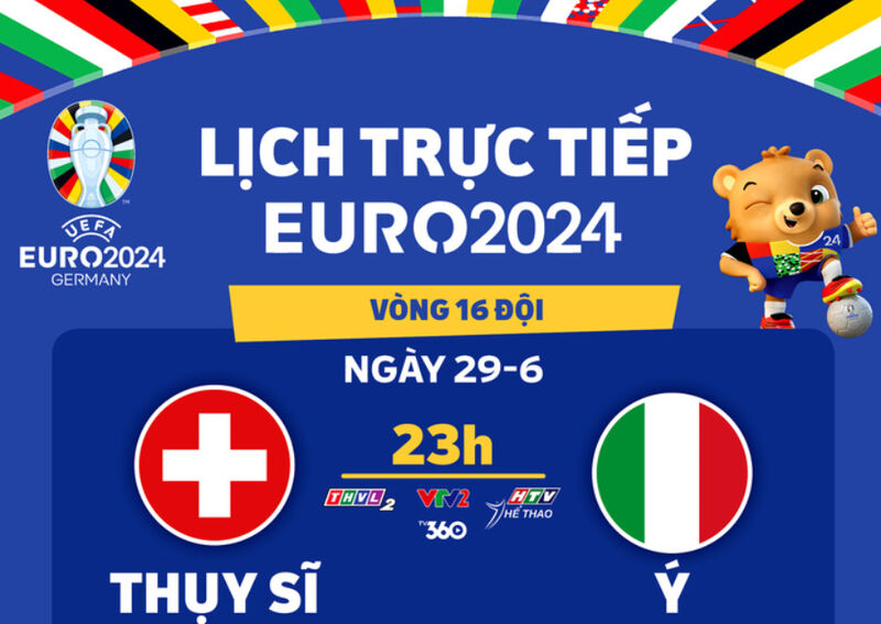 Lịch trực tiếp Euro 2024 ngày 29/6: Ý gặp Thụy Sĩ, Đức đấu với Đan Mạch