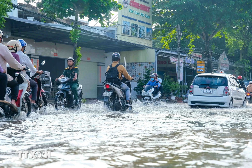 Nước ngập trên đường Cách Mạng Tháng Tám, quận Bình Thủy, thành phố Cần Thơ. (Ảnh: Thanh Liêm/TTXVN)